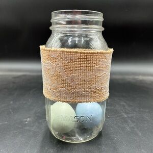 Mason Jar with Tan Lace Wrap and Pastel Green & Blue eggs, country